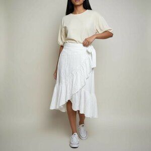 A.L.C. Embroidered Ruffle Wrap Skirt 4 Midi White Ruffle Tie Bow EUC Casual Boho